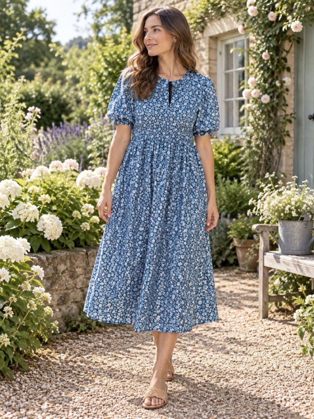 Hyacinth House Bluebells Midi Dress Large Blue Floral Smocked Cottagecore New(2)